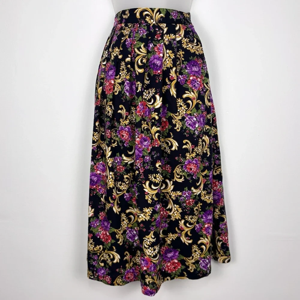 Vintage Skirt M Black Midi Floral Whimsigoth Granny Romantic Feminine Grunge 90s